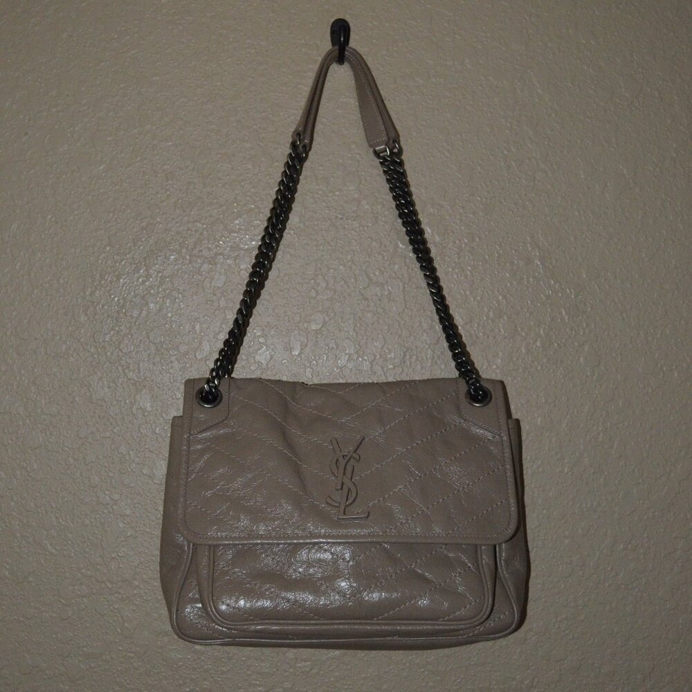 NWOT $3270 YSL Saint Laurent Tan Niki Med Crinkled Leather Chain Strap Handbag